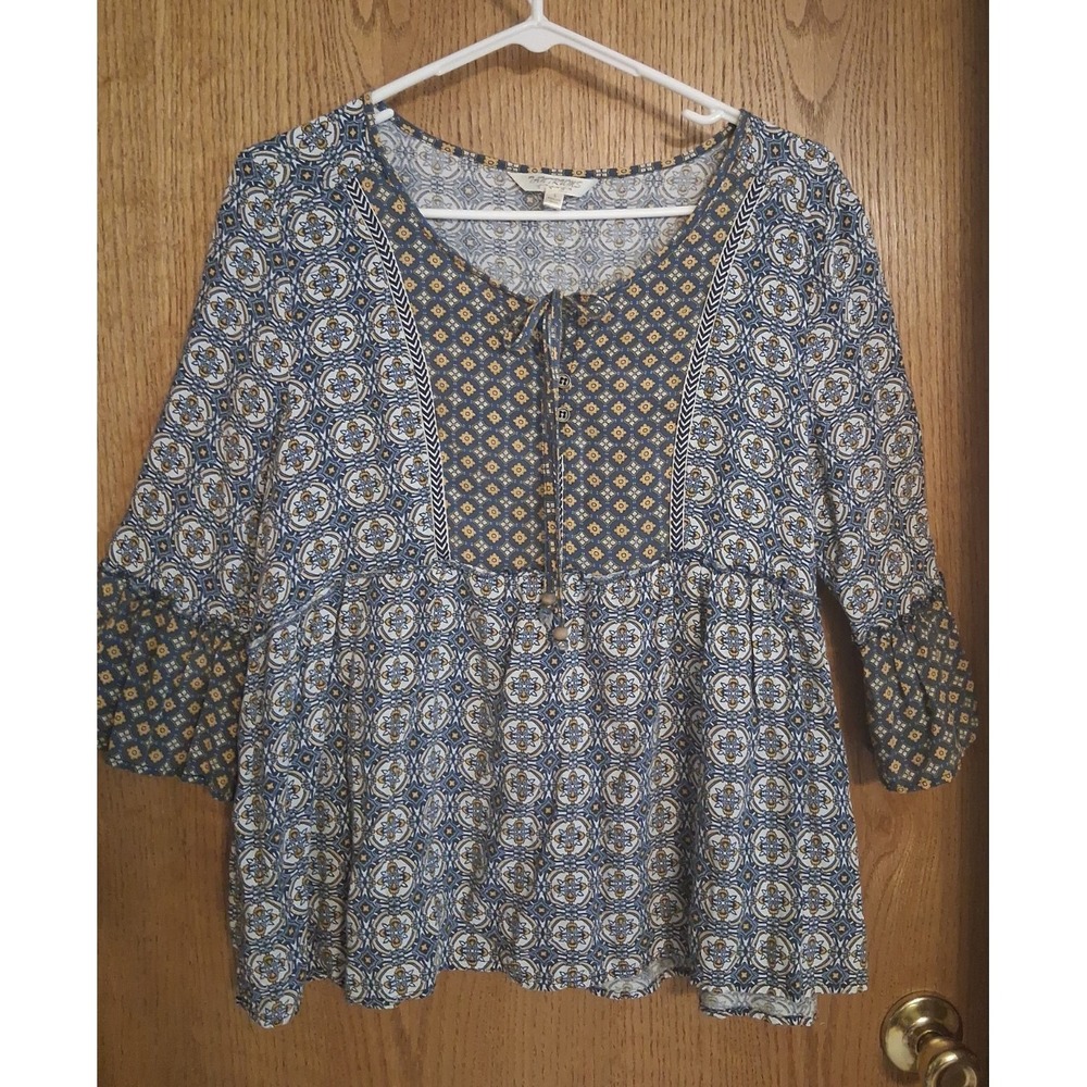 Tantrums L Peasant 3/4 Bell Sleeve Women's Top Blue Mustard Geometric Boho